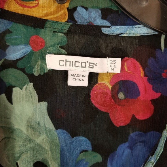 Chicos Floral Ruffle Chiffon Blouse Black Multi Color Smocked Cuff Size 2.5 14 - Picture 3 of 7